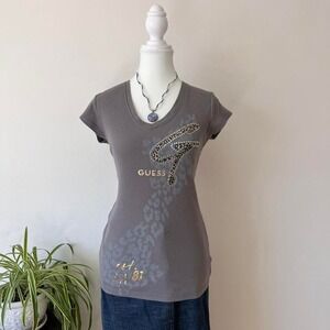 y2k guessv neck ribbed t shirt womens animal print grey sz L mcbling